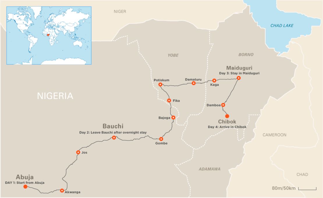 Map: Nima Elbagir's route to Chibok