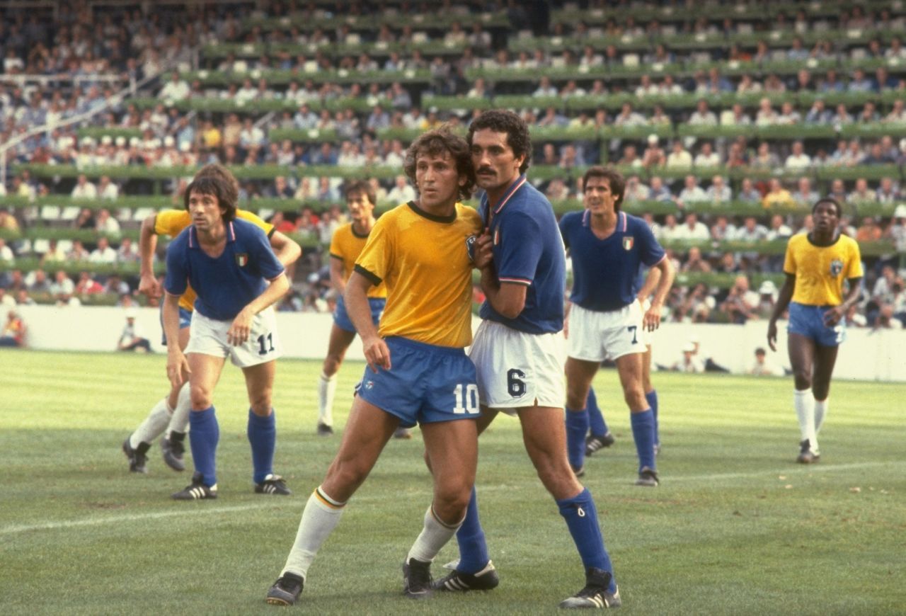 <strong>Brazil's 1982 World Cup team: </strong>Zico (#10) was marked by bruising defender Claudio Gentile of Italy during the second round match at the Sarria Stadium in Barcelona. Italy won the match 3-2 on the back of a Paolo Rossi hat-trick. 