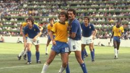 Zico (left) of Brazil and Claudio Gentile of Italy mark each other during the 1982 World Cup Second Round match at the Sarria Stadium in Barcelona, Spain. Italy won the match 3-2.