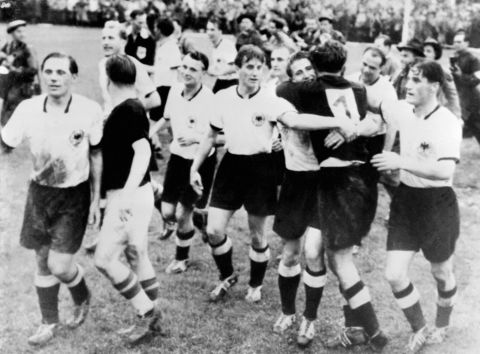 West Germany's 3-2 victory over Hungary in the 1954 World Cup final is known as 'the Miracle of Bern.'  The Hungarian side, which had gone 32 games unbeaten and had won gold at the Olympics two years earlier, led 2-0 after just eight minutes. But the Germans fought back, scoring twice before the interval to level the game. It was then left to Helmut Rahn to net the winner late on.<br /><br />
