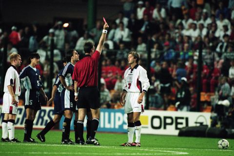David Beckham's life was turned upside down at the 1998 World Cup when he was sent off during England's last-16 tie with Argentina. The midfielder was red carded after lashing out at Diego Simeone and was largely blamed for his side's failure to progress. The match finished 2-2 after extra-time but England was beaten on penalties.