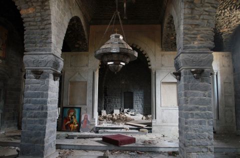 Damage is seen inside the Um al-Zinar church in the Old City on May 9.