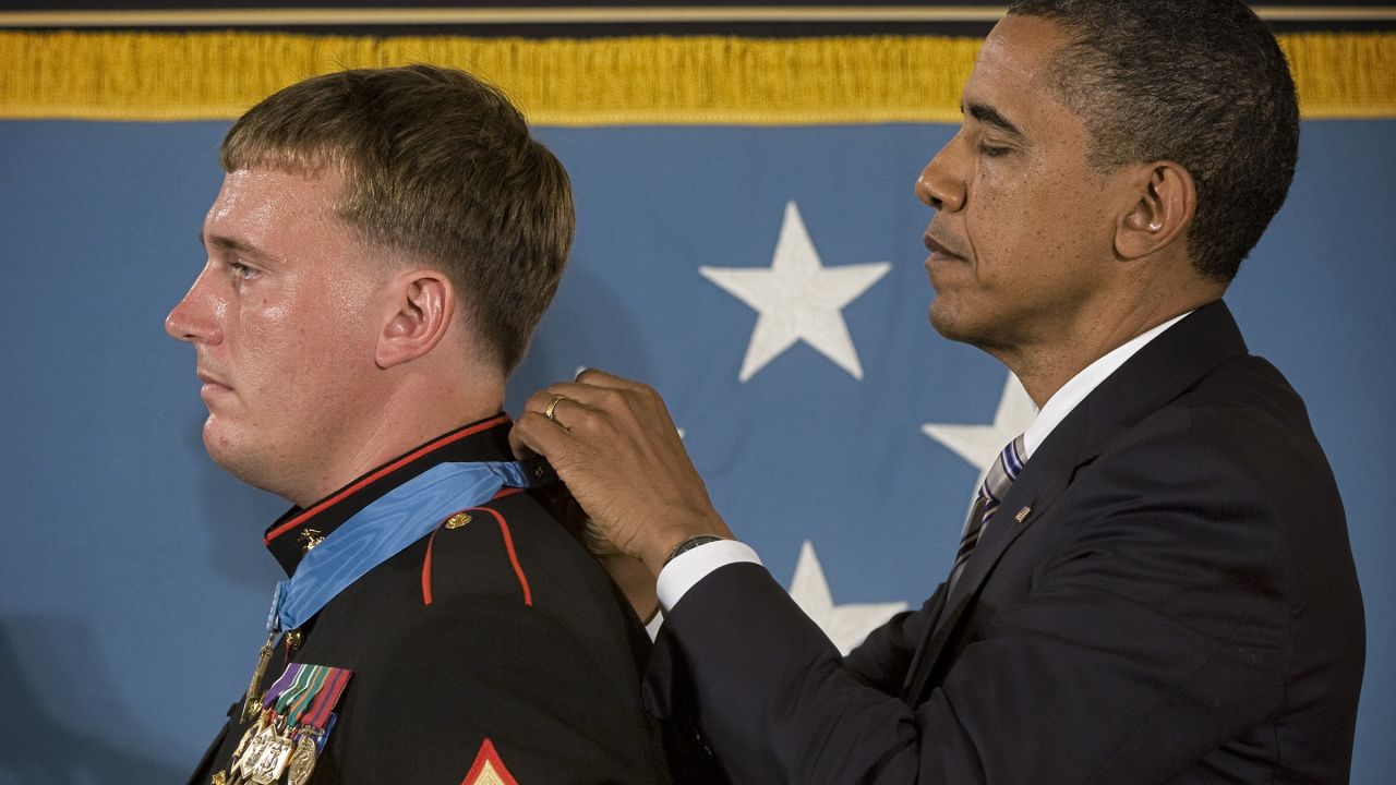 Obama awards the Medal of Honor to Marine Sgt. Dakota Meyer in September 2011. In fighting at Gangjal, Afghanistan, on September 8, 2009,  while manning a gun truck, "Meyer killed a number of enemy fighters with the mounted machine guns and his rifle, some at near point blank range, as he and his driver made three solo trips into the ambush area," his citation said.