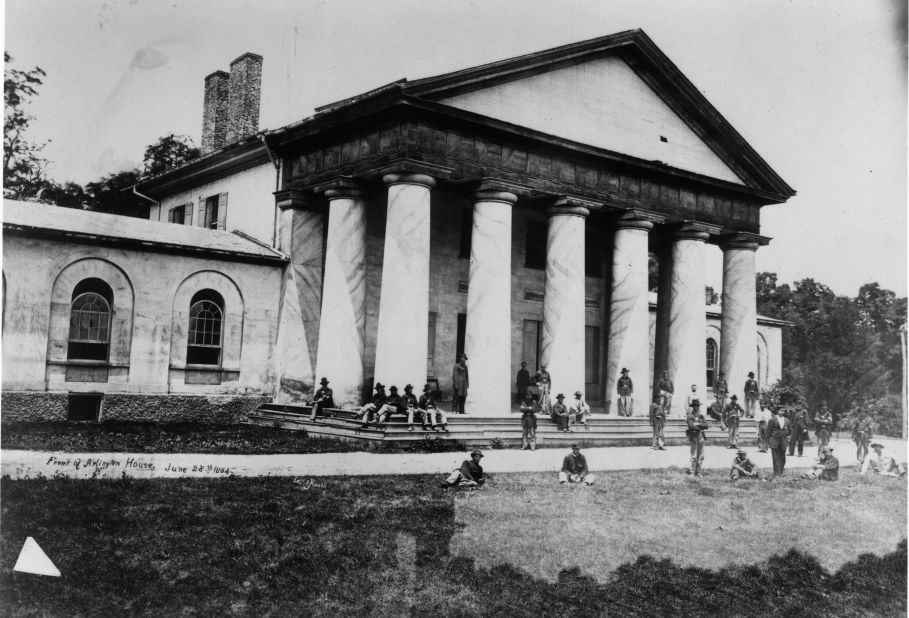 Union soldiers at Arlington House, across the Potomac River from Washington on June 28, 1864. It is the former home of  Confederate Gen. Robert E. Lee.