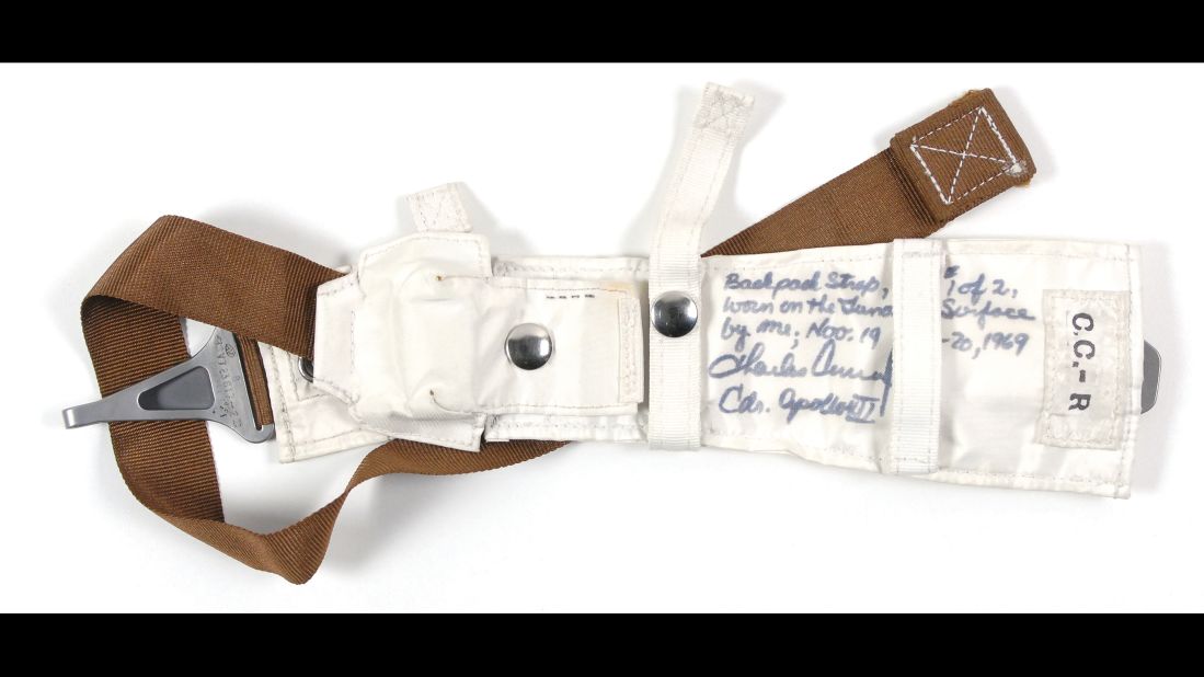This backpack strap held a personal life-support system for Charles "Pete" Conrad, commander of the Apollo 12 mission, during both of his moonwalks in November 1969. The straps were custom-made for each astronaut, and Conrad kept his as a personal memento. It sold for $52,649.
