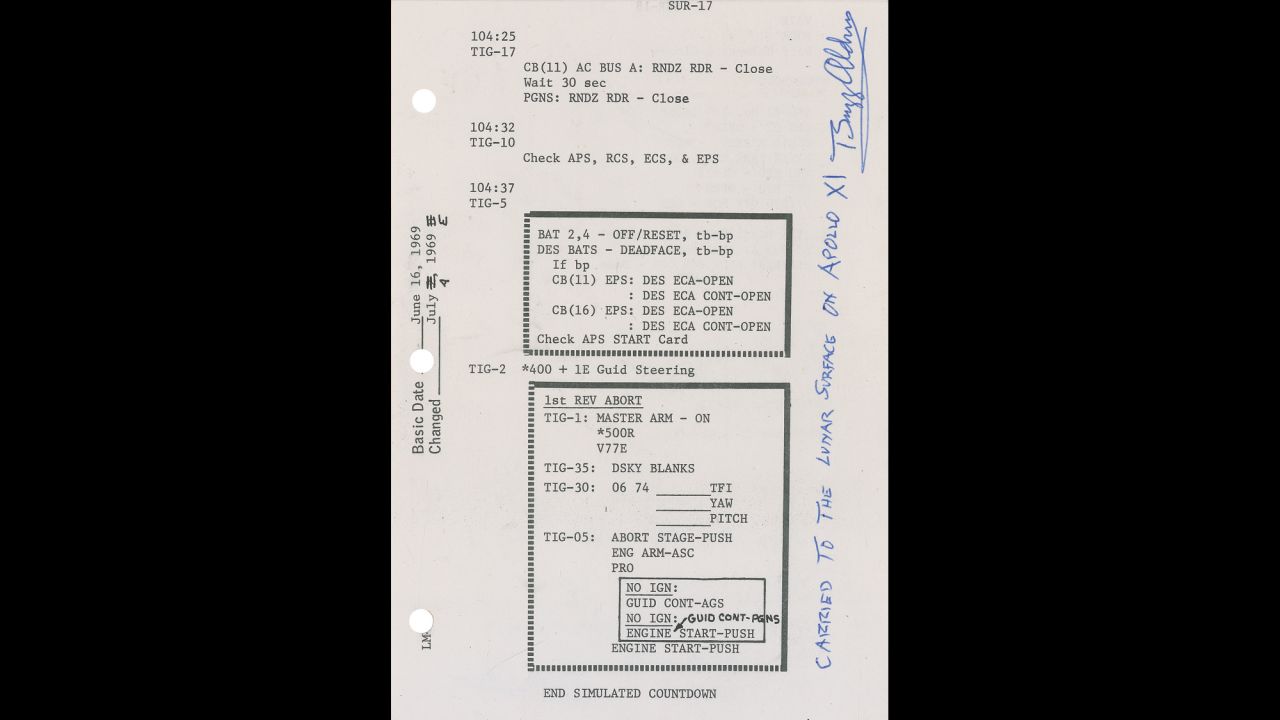Esta lista de verificación, llevada a la luna (y firmada con tinta) por el astronauta Buzz Aldrin, pretendía ayudar a la tripulación del Apollo 11 a prepararse para cualquier eventualidad realizando los pasos críticos para un despegue de emergencia. Afortunadamente para Aldrin y Neil Armstrong, esos pasos no fueron necesarias. Precio de salida: 1.000 dólares.