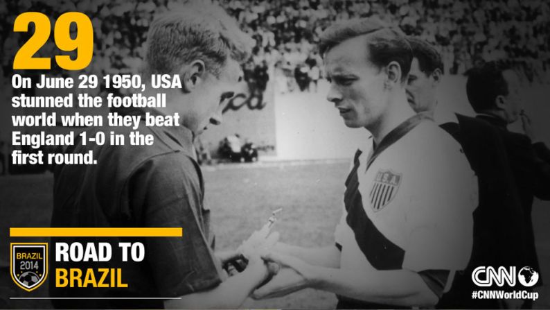 Heavy favorites England had a short-lived World Cup debut when they were knocked out of the tournament in the first round by the USA in 1950. Here the captains of England and USA, Billy Wright and Ed McIlvenny, right, exchange souvenirs at the start of their match on June 29, 1950 in Belo Horizonte, Brazil.