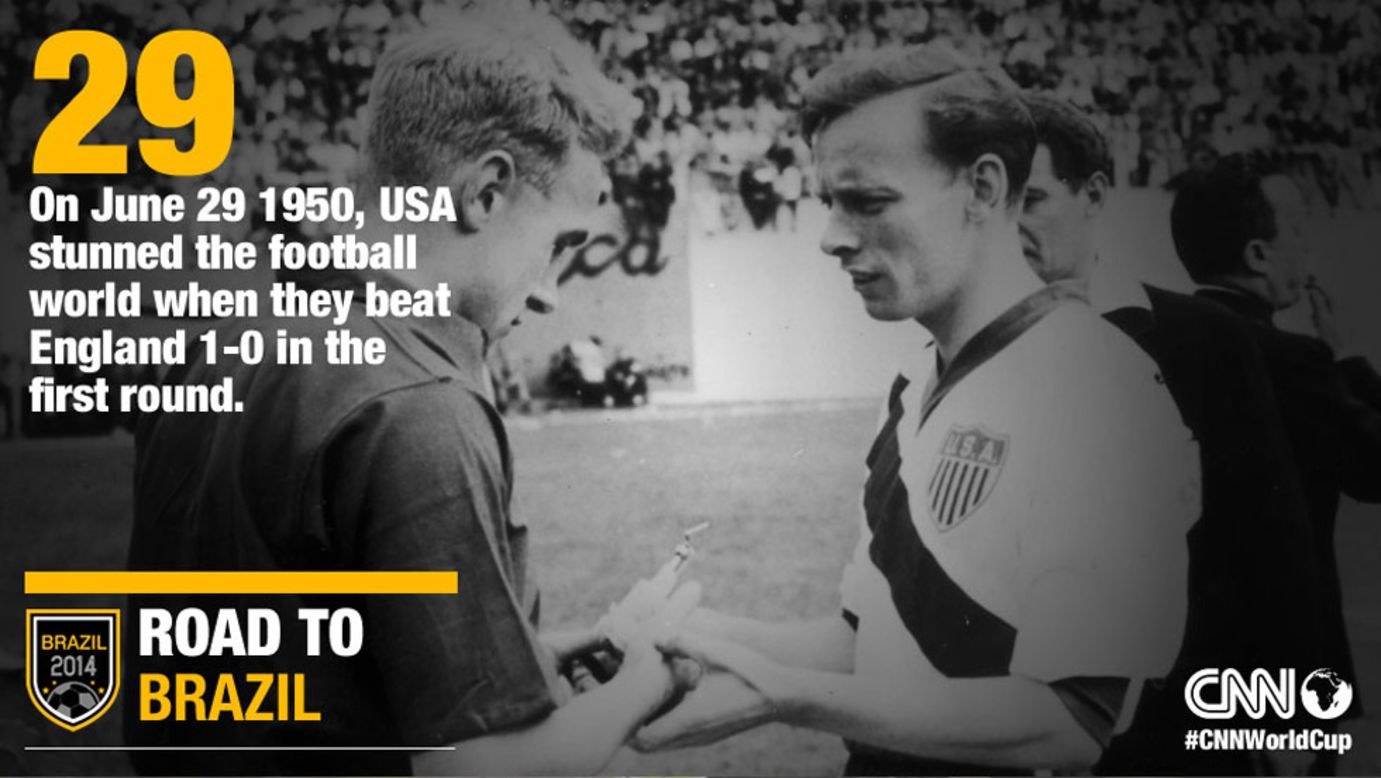 Heavy favorites England had a short-lived World Cup debut when they were knocked out of the tournament in the first round by the USA in 1950. Here the captains of England and USA, Billy Wright and Ed McIlvenny, right, exchange souvenirs at the start of their match on June 29, 1950 in Belo Horizonte, Brazil.