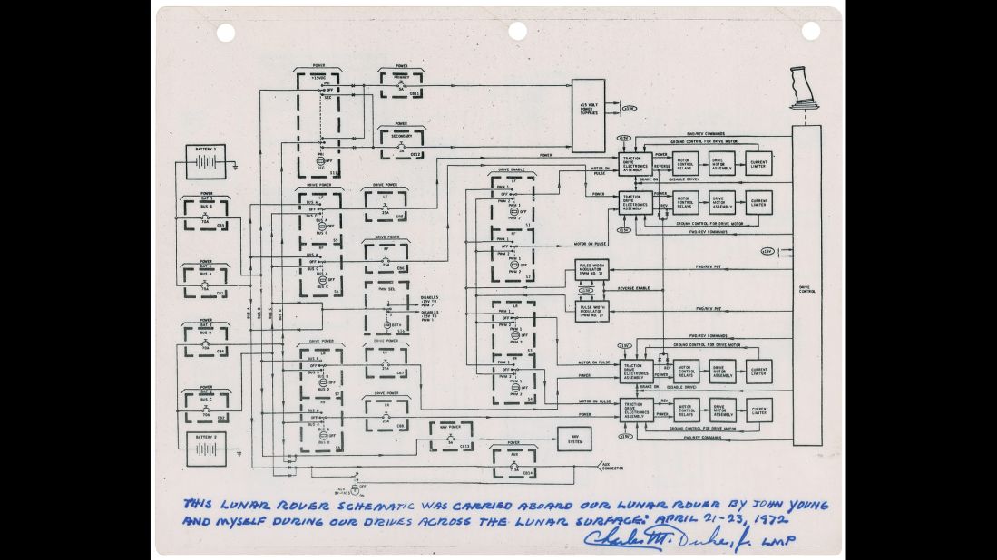Schematics of lunar rovers were required on the moon in case a vehicle broke down while the astronauts were away from the lunar module. This one was carried by astronaut Charlie Duke during the Apollo 16 mission in 1972. Sold for $25,598.83. 