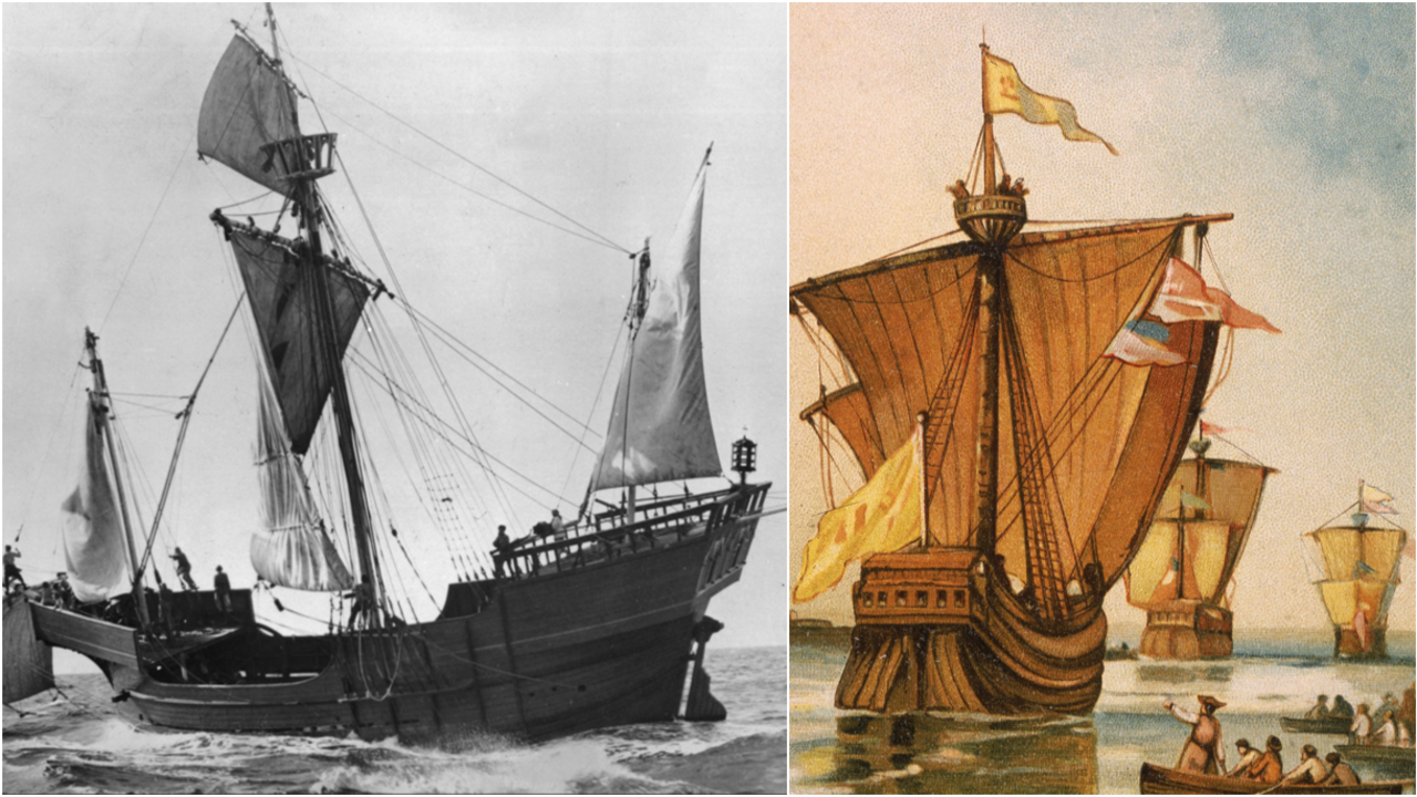 Left: A photograph, dated 1900, of a replica of explorer Christopher Columbus' flagship Santa Maria. Right: An illustration, dated 1754, of Christopher Columbus' fleet, the Nina, Pinta, and Santa Maria, departing from Spain in 1492. 