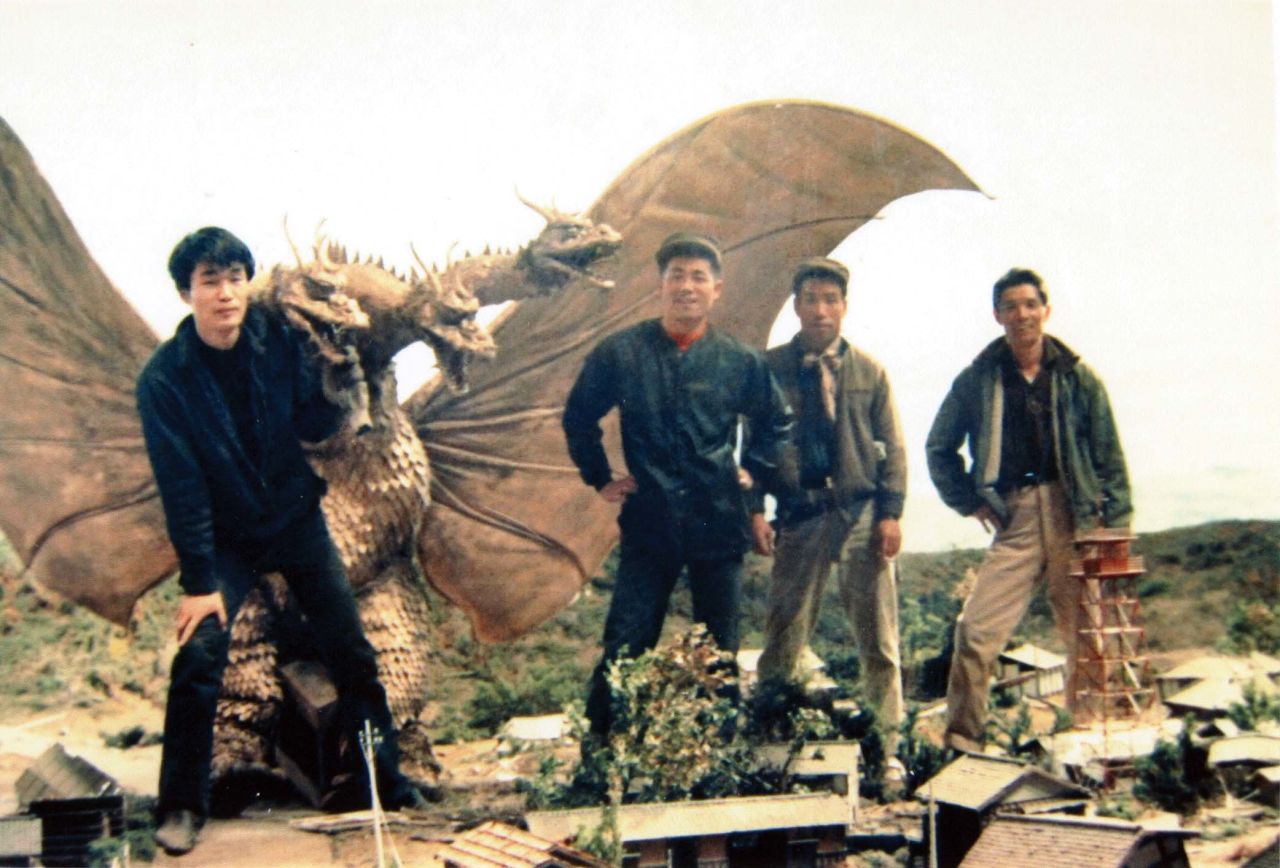 Mechanical engineer Akinori Takagi, left, and members of the effects crew work on the 1964 film "The Greatest Battle on Earth."
