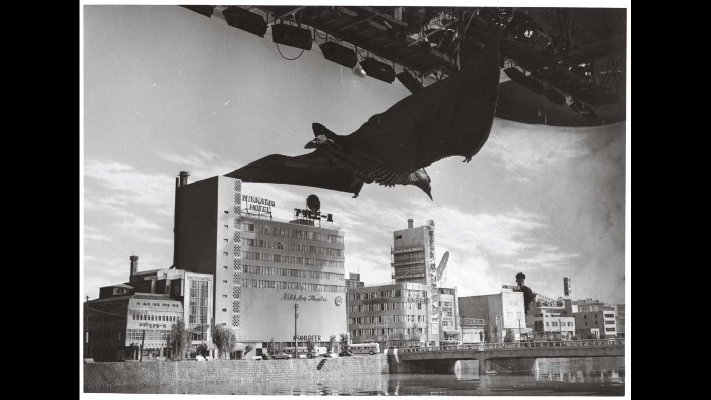 Rodan descends upon Fukuoka City in 1956's "Rodan." Since the title beast was a flying monster, Tsuburaya's crew had the opportunity to build more intricate and elaborate cityscapes than they had for "Godzilla."