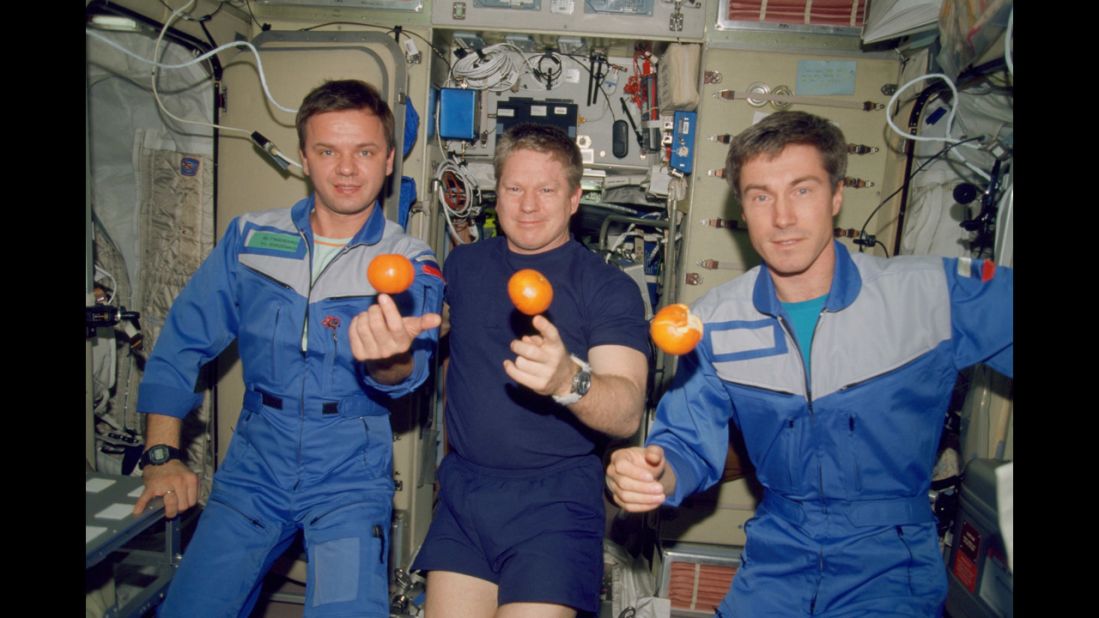 The first crew of the International Space Station, seen on board in December 2000. From the left are cosmonaut Yuri P. Gidzenko, astronaut William M. Shepherd and cosmonaut Sergei K. Krikalev.