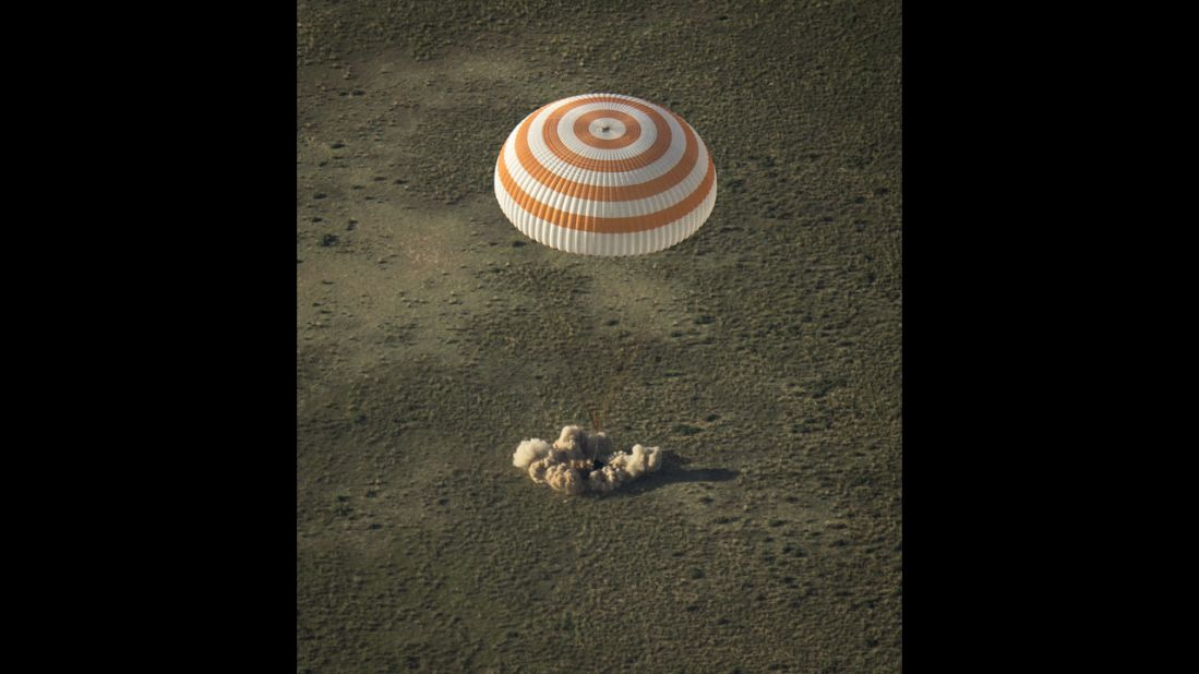 A Soyuz spacecraft is seen on May 13 as it lands in Kazakhstan with Wakata and other members of the his Expedition 39 crew.