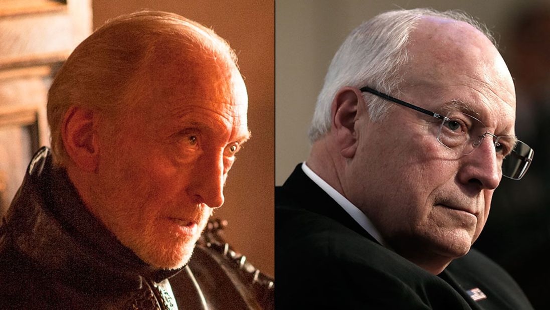 <strong>Tywin Lannister / Dick Cheney:</strong> Tywin isn't king, but few doubt the cunning operator is the real power behind the iron throne. As "the hand of the king," he is willing to do anything to protect his family's power. Cheney never rode a horse in battle, but the former vice president had a reputation as a cold, backstage operator willing to use morally questionable methods -- torture or "enhanced interrogation techniques" -- to protect his realm.