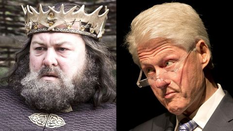 <strong>Robert Baratheon / Bill Clinton:</strong> Both are charismatic, natural leaders whose time in office was complicated by their inability to control their appetites. Both burdened their wives and country with salacious sex scandals. Good thing there was no TMZ around when Robert Baratheon sat on the iron throne.