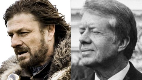 <strong>Eddard Stark / Jimmy Carter:</strong> Lord Stark never wore a cardigan sweater while addressing his countrymen, but isn't there a little bit of Carter in him? Both were leaders widely respected for their honesty and innate decency -- and they were chewed up by the political machinery around them because some said they were too nice.  