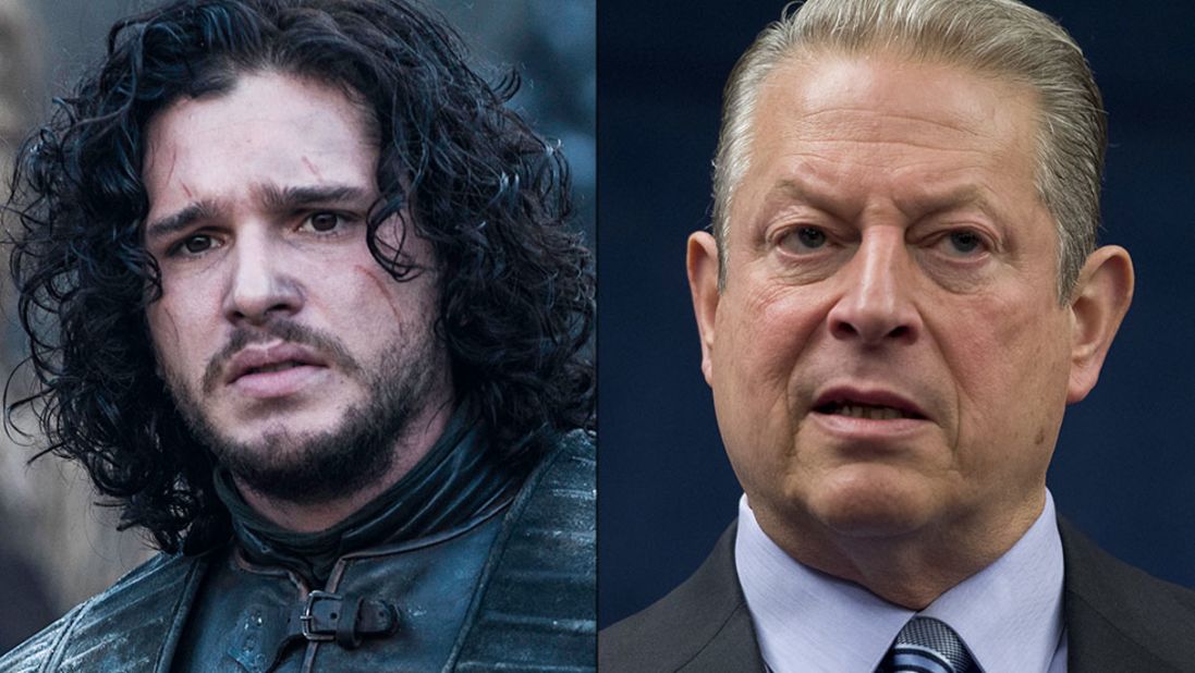 <strong>Jon Snow / Al Gore: </strong>Snow, the bastard son of one of the show's most honorable characters, has better hair than Gore, but both shared the same mission. Snow is trying to warn his countrymen an environmental apocalypse is approaching; Gore tried to do the same with "An Inconvenient Truth." His global warming message is still disputed by conservative media and many Americans. Their response: "You know nothing, Al Gore."