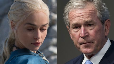 <strong>Daenerys Targaryen / George W. Bush:</strong> Both are children of rulers and members of political dynasties. And both led armies into desert countries — battles they billed as wars of liberation but that turned out to be more complex than they imagined. And both wars hinged on weapons of mass destruction: Bush looked in vain for them, while Daenerys deployed her dragons to seize power. 
