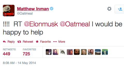 Hours after Inman's Tesla S review and plea, Musk sent a Twitter message saying he would "would be happy to help." Thursday, Inman said he made good on the promise.