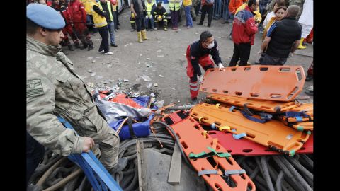 A rescue worker prepares stretchers for the search for miners on May 14.