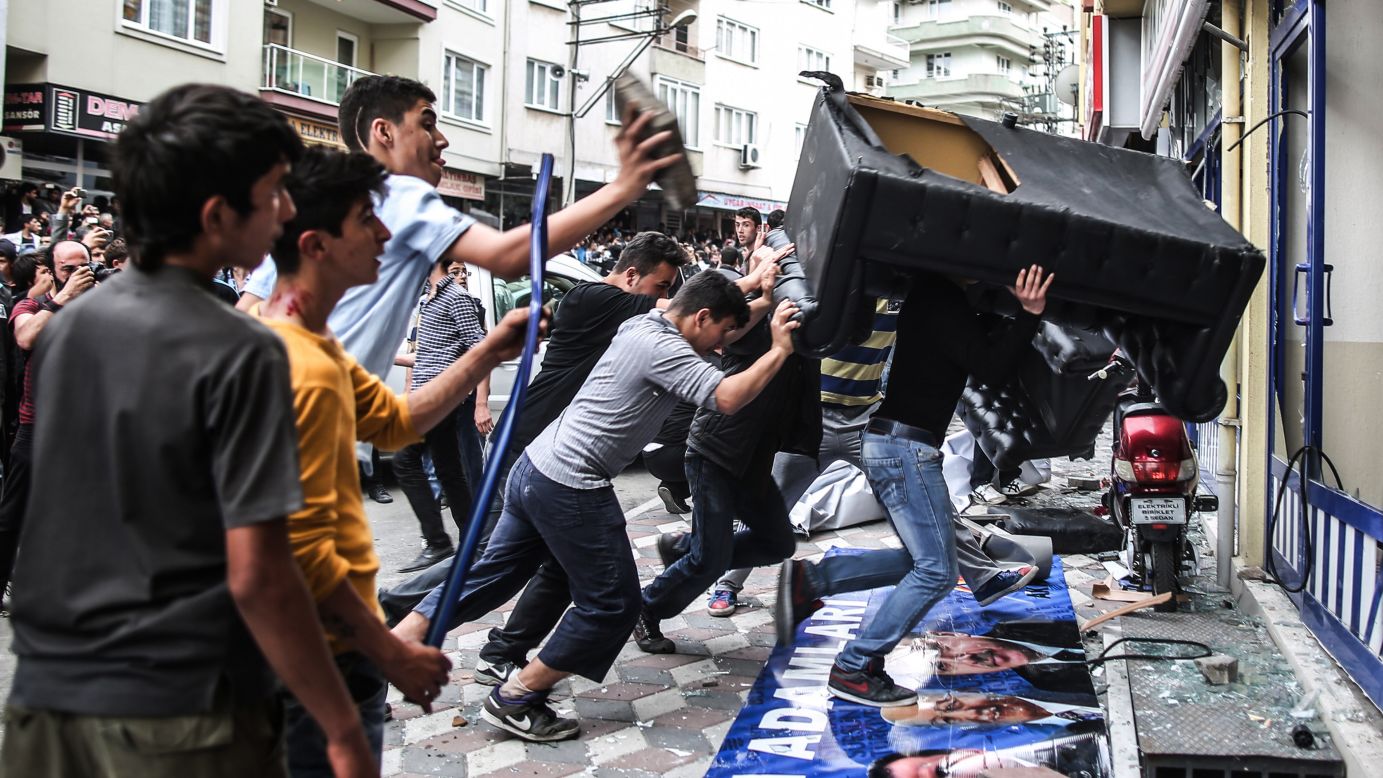 Protesters riot outside the Justice and Development Party office in Soma.