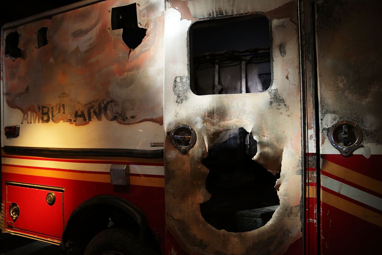 A destroyed New York City Fire Department ambulance from ground zero is on display.
