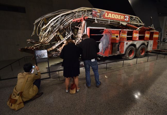 The remains of a New York City Fire Department Ladder Company 3 truck are on display outside the historical exhibition area. Eleven members of Ladder 3 died when the North Tower crumbled.