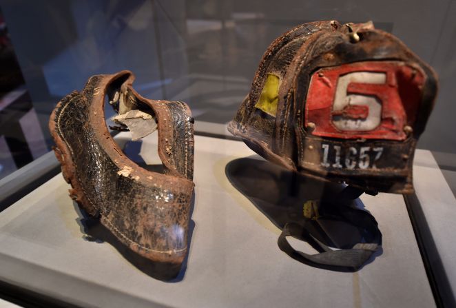 Helmets worn by firefighters on September 11, including those of Christian Waugh, were donated by families.