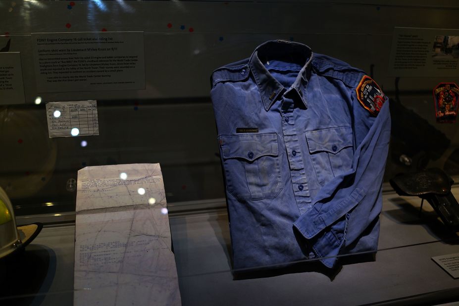 A firefighter shirt from ground zero is on view.