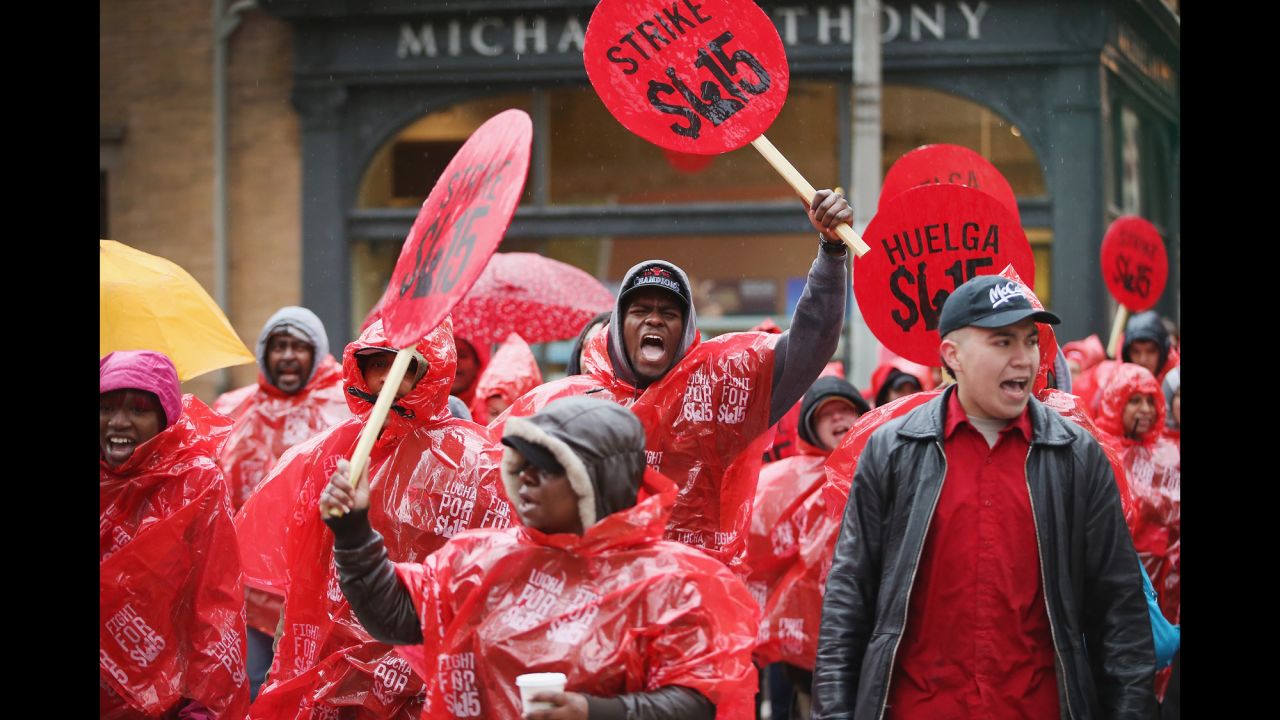 Fast-food workers and activists demonstrate outside a McDonald's in downtown Chicago.