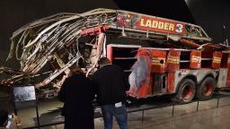 Remains of a New York City Fire Department Ladder Company 3 truck just outside the Historical Exhibition area during a press preview of the National September 11 Memorial Museum at the World Trade Center site May 14, 2014 in New York.