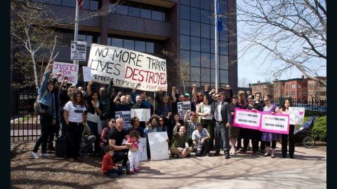 Protesters rally in Hartford, Connecticut, on April 25 for the release of a transgender girl held in an adult prison without charges.