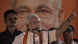 BJP leader Narendra Modi gestures during his speech at a rally by the leader on May 8 in Rohaniya, near Varanasi India.