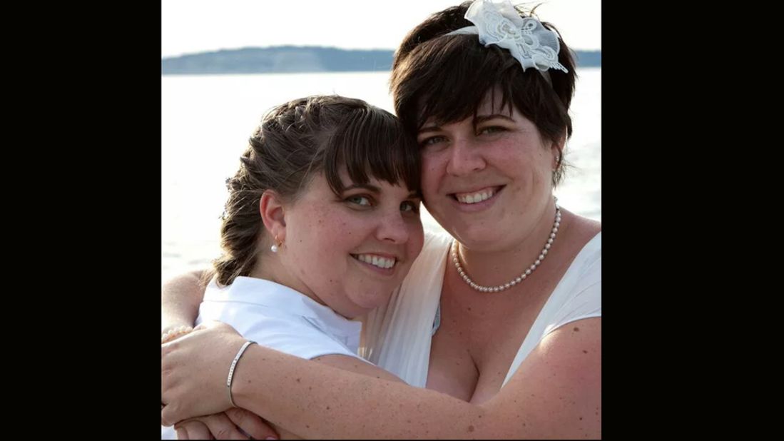 At her wedding in July 2011, Morgan Victoria, right, weighed close to 255 pounds and wore a size 18 dress. Her wife, Lyndsay Rosenlund, weighed about 230 pounds. 