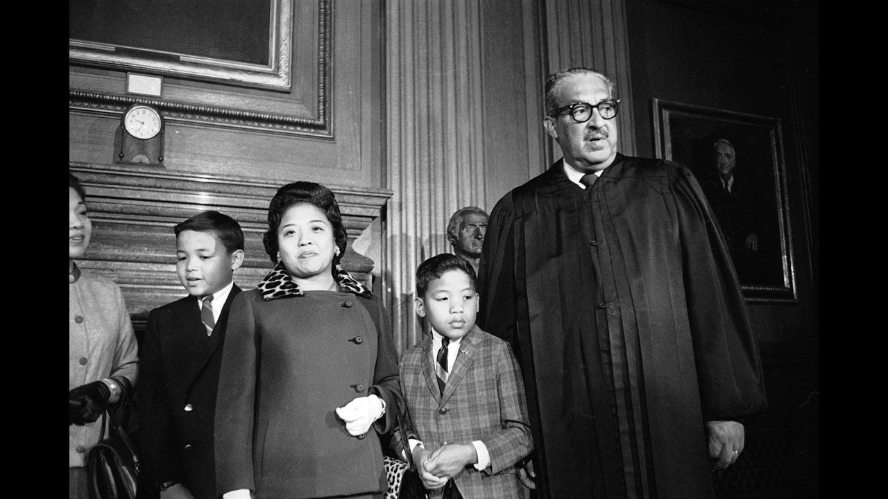 Supreme Court Justice Thurgood Marshall, with his family at his side, takes his seat at the court for the first time on October 2, 1967. Marshall was the first African-American to be appointed to the high court.