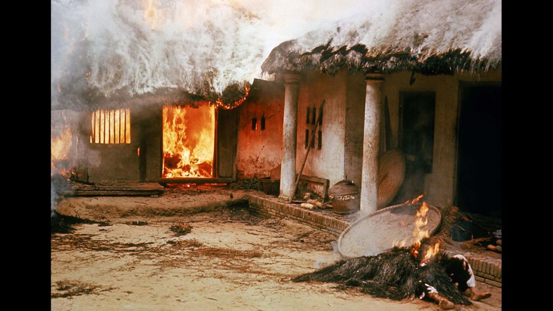 Houses in My Lai, South Vietnam, burn during the My Lai massacre on March 16, 1968. American troops came to the remote hamlet and killed hundreds of unarmed civilians. The incident, one of the darkest moments of the Vietnam War, further increased opposition to U.S. involvement in the war.