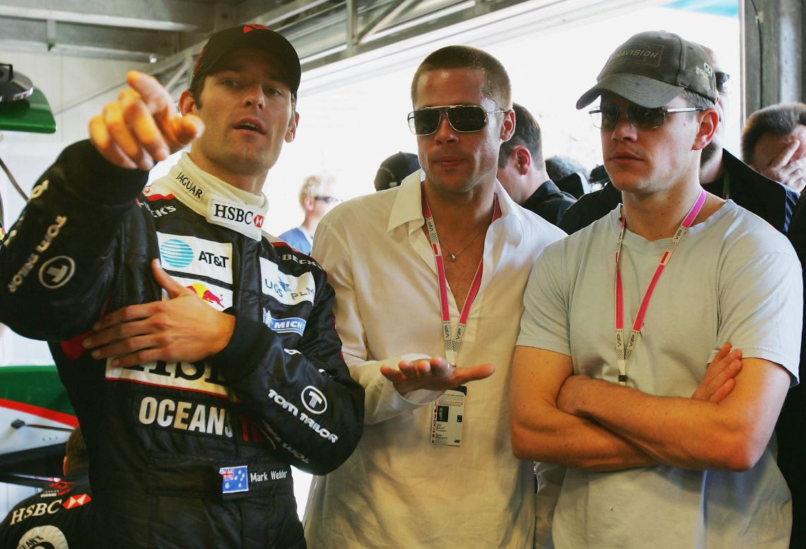 Just another day at the Monaco office for Webber as he shows Hollywood A-listers Brad Pitt and Matt Damon round his Jaguar team garage in 2004. "You've got to have tried pretty hard to get away from the chaos," says Webber.
