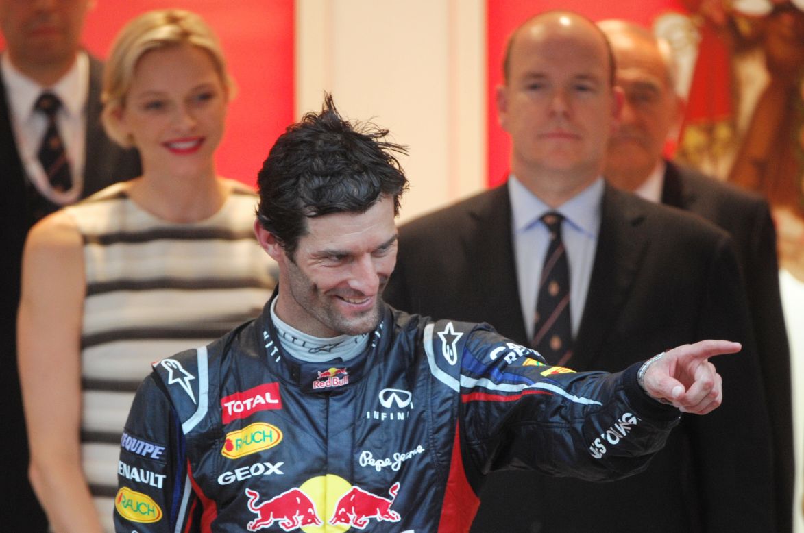 Webber, a winner in 2010 and 2012, is congratulated by Prince Albert and Princess Charlene of Monaco on the podium. "To win in Monaco is certainly worth a few victories," says the former Red Bull racer.