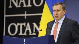 Ukraine Foreign Affairs minister Andrii Deshchytsia speaks during a press conference as part of a Foreign Affairs meeting at the NATO headquarters in Brussels on April 1, 2014. NATO said today it could not confirm the withdrawal of Russian troops from near the flashpoint Ukrainian border as Russia heaped even more pressure on a teetering Ukraine economy with a painful gas price hike. AFP PHOTO / JOHN THYSJOHN THYS/AFP/Getty Images