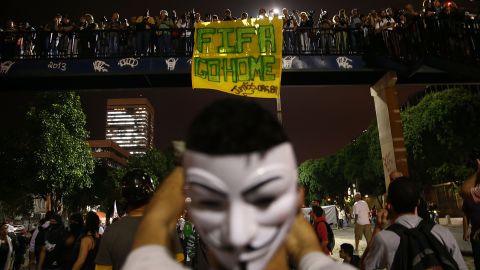Protestors gather in Rio de Janeiro to protest against the country's hosting of the FIFA World Cup, which will begin on June 12.