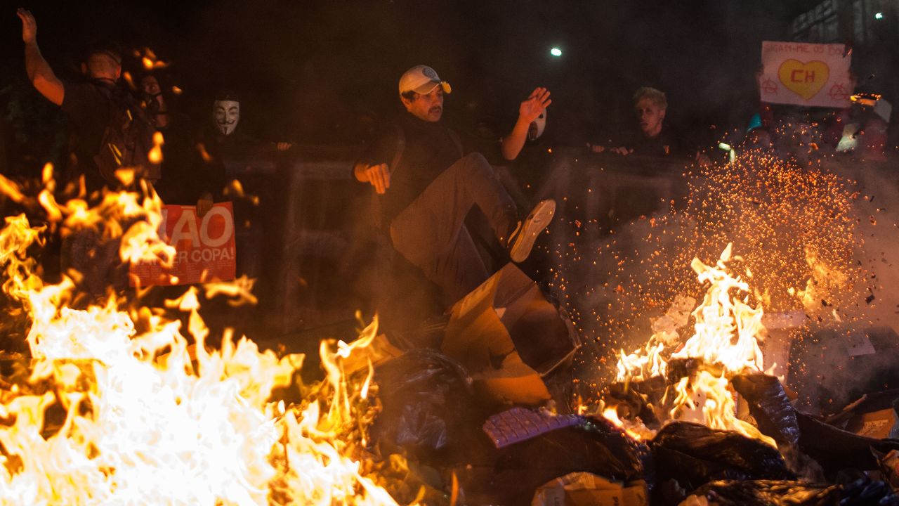 Protesters clash with policemen in Sao Paulo, Brazil, on May 15.