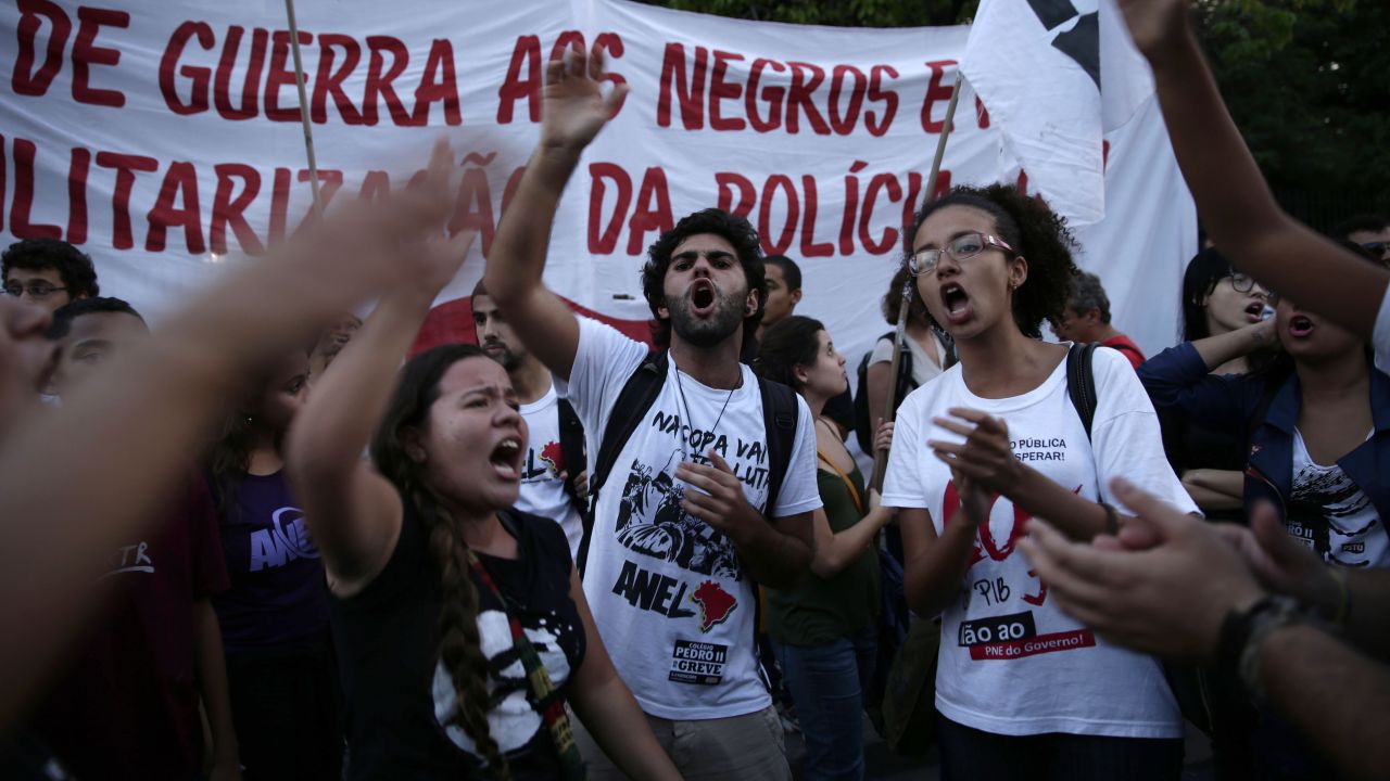 Protesters rally in Rio de Janeiro on May 15.
