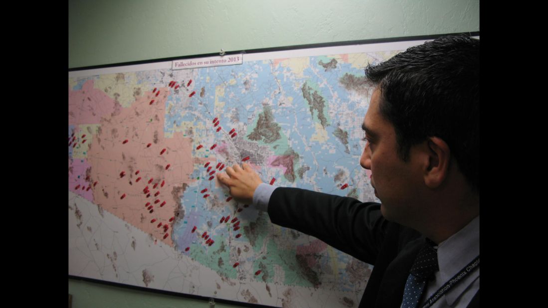 The Arizona desert is a common crossing place for migrants traveling to the United States from Mexico. An alarming number perish along the way, creating what some investigators have called "a humanitarian crisis at the border." Jeronimo Garcia helps identify corpses for the Mexican Consulate in Tucson. Each red dot on this map shows a death in the desert.