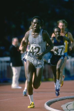 Filbert Bayi #42 of Tanzania rounds the bend during the 5000-meter event at the AAA Championships in Crystal Palace, London in June 1978.