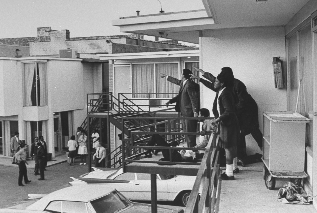 This photo was taken on April 4, 1968, moments after the Rev. Martin Luther King Jr. was shot and killed by a sniper as he stood on a balcony of the Lorraine Motel in Memphis, Tennessee. King was in Memphis to support striking sanitation workers.