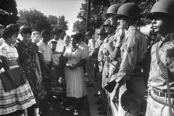 Arkansas National Guardsmen prevent African-American students from entering Little Rock Central High School.