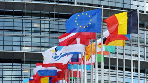 In this file photo, the EU flag is shown flying amongst member countries' national flags at the European Parliament in Strasbourg.