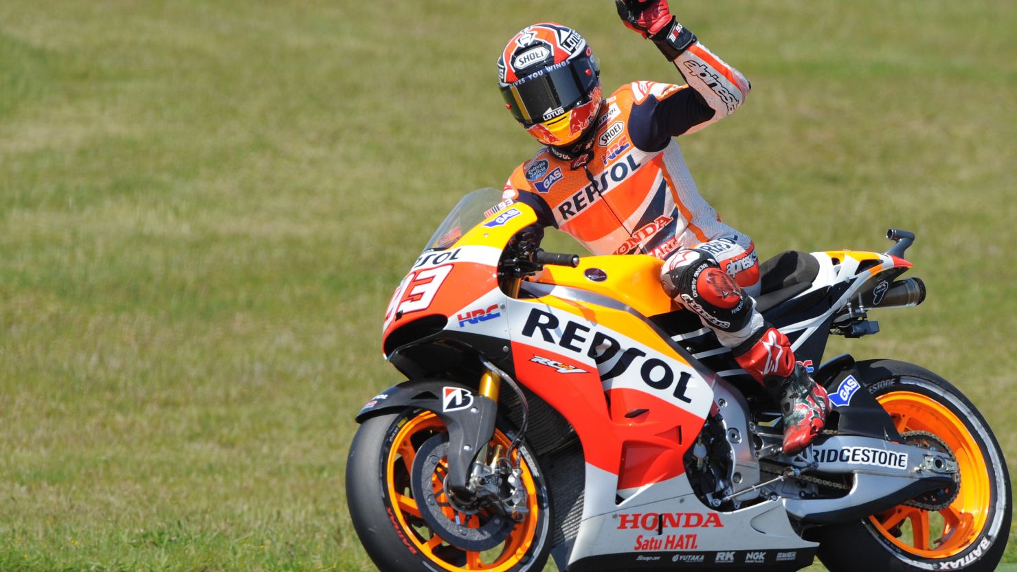 Spain's Marc Marquez acknowledges the crowd at Le Mans during qualifying for Sunday's French Grand Prix. 