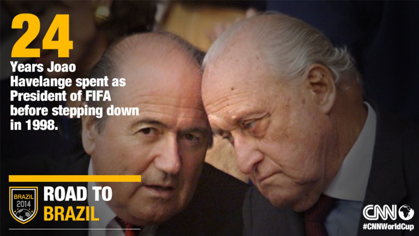 Joao Havelange, pictured with his successor Sepp Blatter (L), served as FIFA president for 24 years starting in 1974 before stepping down in 1998.